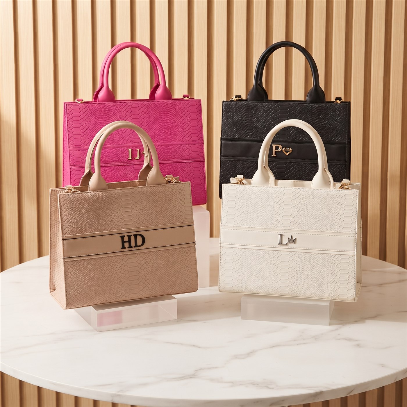 Cuatro bolsas tote Cuervo en fucsia, negro, nude y hueso con iniciales personalizadas